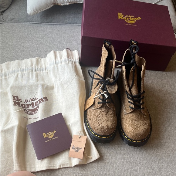 Dr. Martens Brown Fuzzy 1460 Lace-Up Boots with Yellow Stitching - Picture 8 of 9